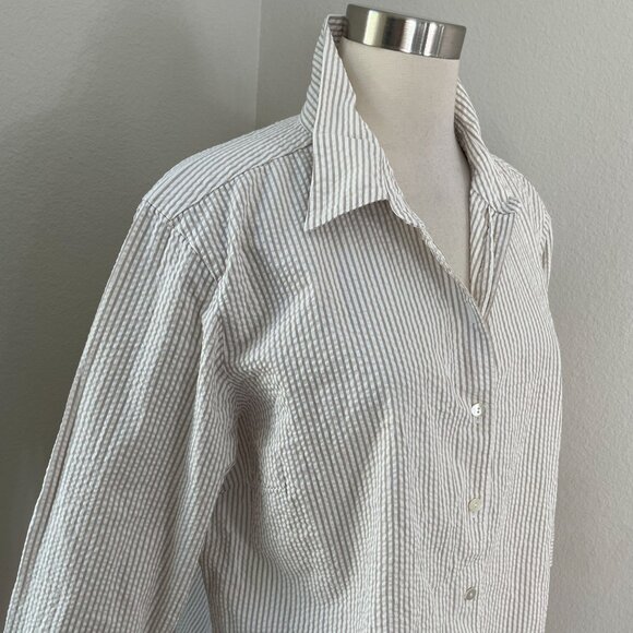 LL Bean Womens XL Seersucker Button Up Shirt Tan Striped 3/4 Sleeve Blouse - Picture 2 of 11
